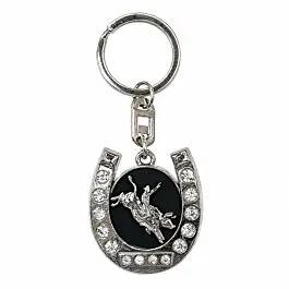 Crystal Horseshoe Bull Rider Keychain - Black Enamel Silver-Tone Rodeo Charm