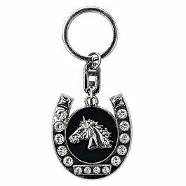 Crystal Horseshoe Horse Head Keychain - Black Enamel Silver-Tone Western Charm