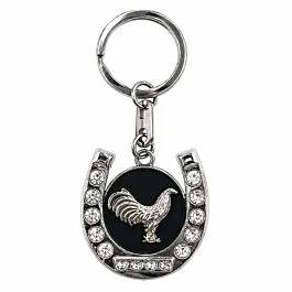 Crystal Horseshoe Rooster Keychain - Black Enamel Silver-Tone Lucky Gallo Charm