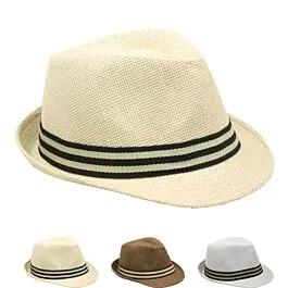 Dozen Wholesale Straw Trilby Fedora Hats with Striped Band image
