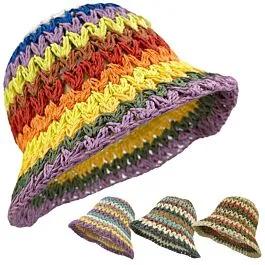 Multicolor Stripe Design Straw Crochet Bucket Hats image