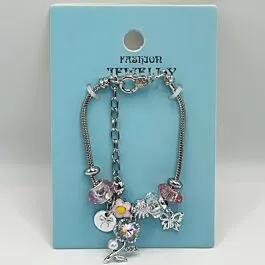 Adjustable Stainless Steel Charm Bracelet with Pink Rhinestone Rose and Bangle Design image