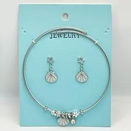 Stainless Steel Charm Necklace and Earrings Set - Silver Surf Clam Shell Design image