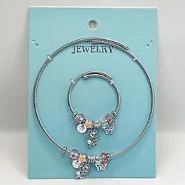Stainless Steel Charm Bracelet and Necklace Set - Rhinestone Pink Rose Design image