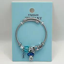 Stainless Steel Charm Bracelet with Blue Doll and Gemstones Design image