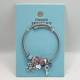 Stainless Steel Charm Bracelet with Pink Gemstones and Bear Design image