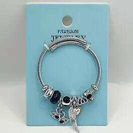 Stainless Steel Charm Bracelet with Black Beads and Swan Design image