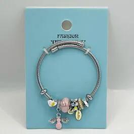 Stainless Steel Charm Bracelet with Pink Queen Bee and Beads Design image