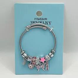 Stainless Steel Charm Bracelet with Pink Rhinestone Butterfly Design image