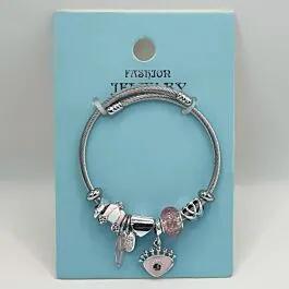 Stainless Steel Charm Bracelet with Cute Pink Gemstone and Beads Design image