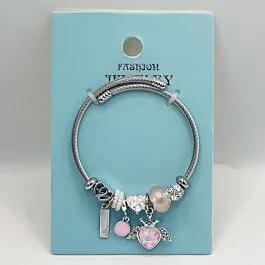 Stainless Steel Charm Bracelet with Cute Pink Gemstones Design image