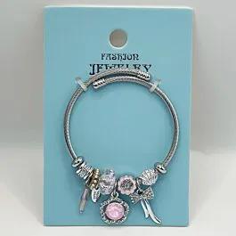Stainless Steel Charm Bracelet with Pink Rhinestone and Pearl Design image