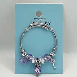 Stainless Steel Charm Bracelet with Purple Owl and Gemstone Design image