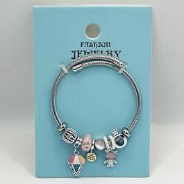 Stainless Steel Charm Bracelet with Pink and Silver Beads Design image