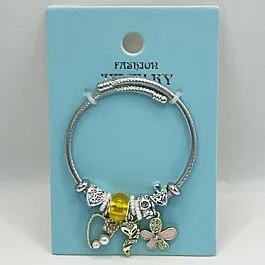 Stainless Steel Charm Bracelet with Golden Rhinestone Flower Design image
