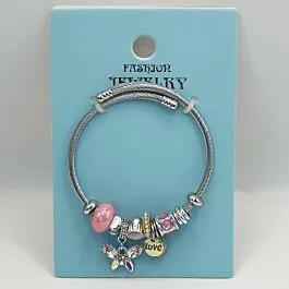 Stainless Steel Charm Bracelet with Pink Beads and Butterfly Design image