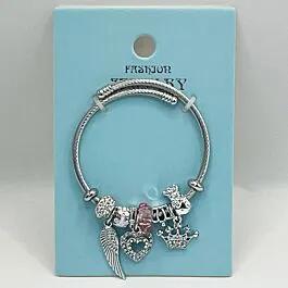 Stainless Steel Charm Bracelet with Rhinestone Heart and Crown Design image