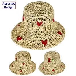 Straw Crochet Bucket Hats with Heart, Rose and Strawberry Design image