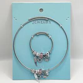 Stainless Steel Charm Necklace and Bracelet Set - Rhinestone Heart and Crown Design image