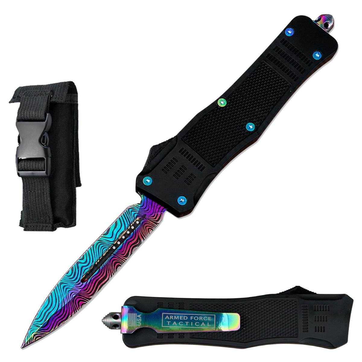 9.75" Rainbow Damascus Etched Ghost Out Of The Front Automatic OTF Pocket Knife