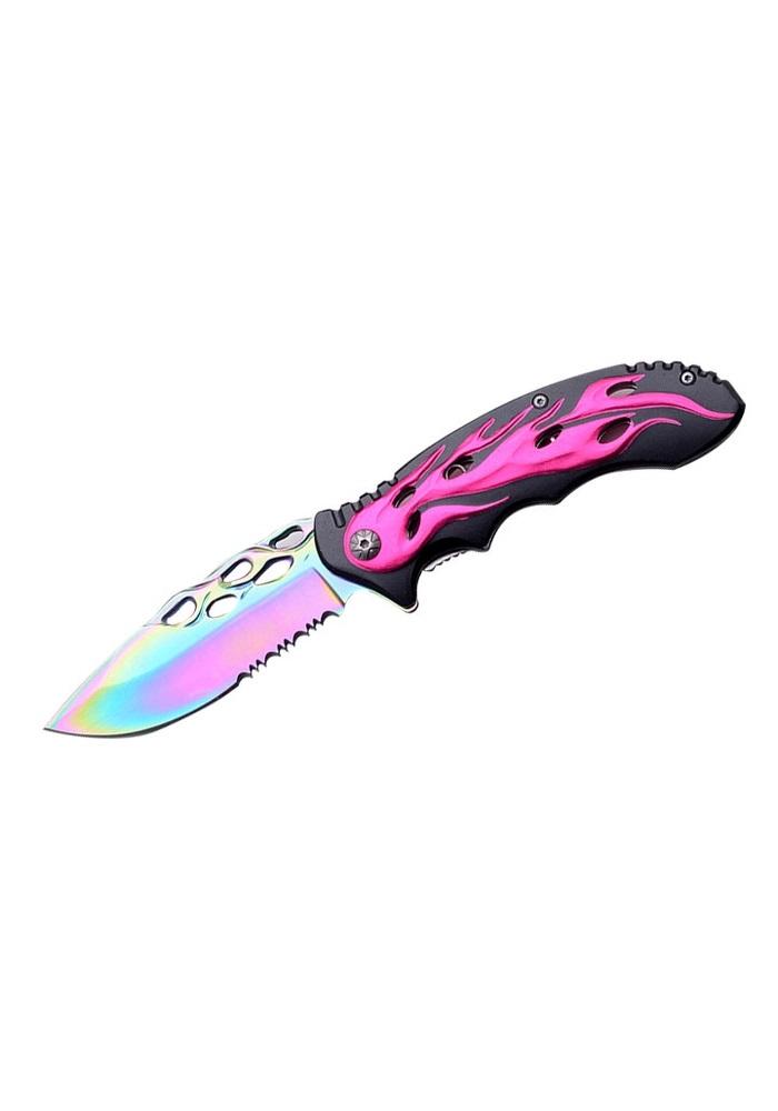 8 Inch Spring Assisted Knife | Pink Flames Handle image