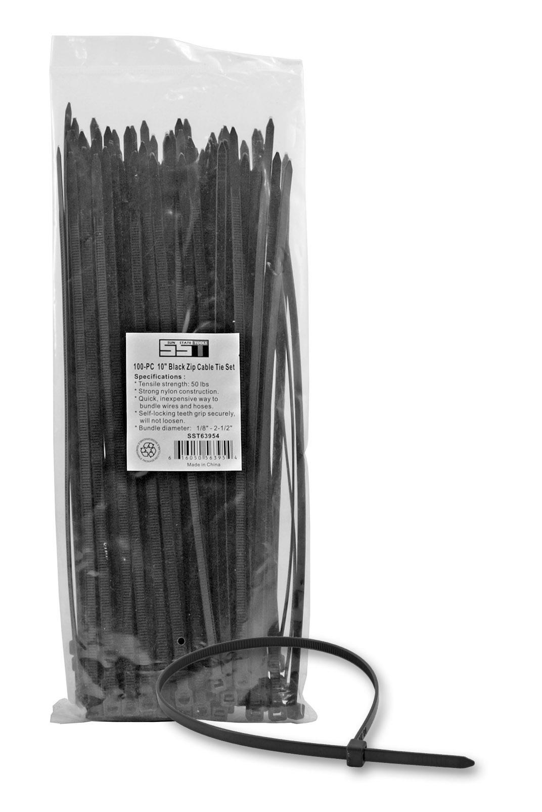 100 pc. 10" Black Zip Cable Tie Set - Sun State Tools image