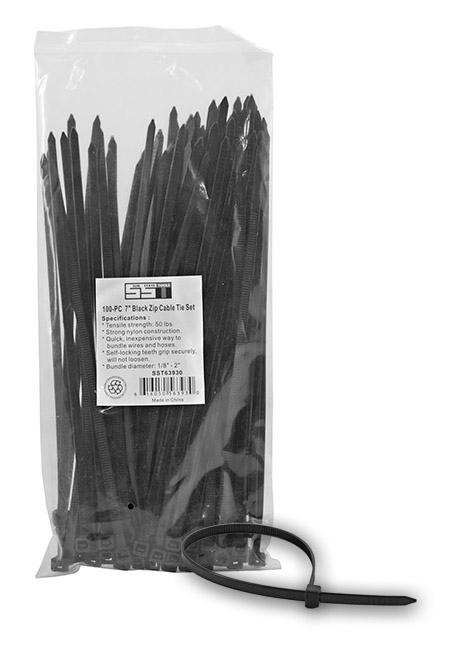 100 pc. 7" Black Zip Cable Tie Set - Sun State Tools image