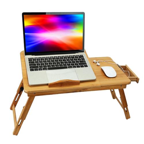 Bamboo Laptop Desk Breakfast Serving Bed Tray Foldable Leg Multi-Position Adjustable Tilt Surface Bed Lap Tray with Side Storage Drawer for Work Study image