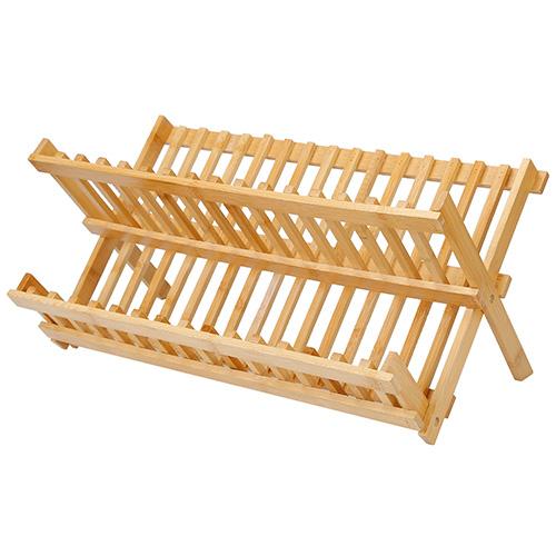 Bamboo Dish Drying Rack 2-Tier Foldable Dish Drainer Kitchen Plate Utensil Rack Holder Dish Tableware Drainer image