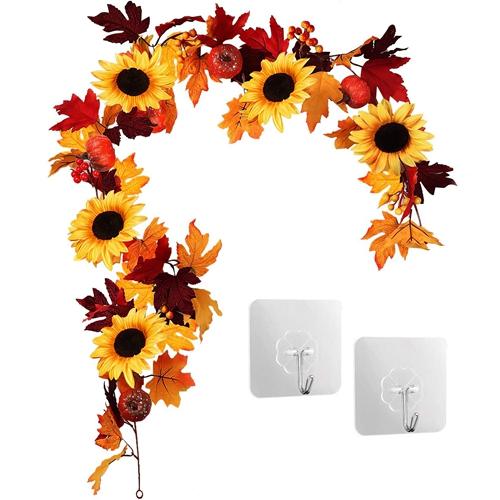 5.6ft Artificial Maple Leaf Garland Hanging Plant Vine Fake Berries Sunflower Foliage Pumpkin Autumn Fall Decor for Wedding Halloween Thanksgiving Din image