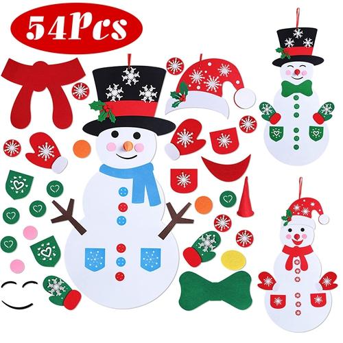 Felt Christmas Snowman Set DIY Felt Christmas Hanging Decorations Kits with 54Pcs Detachable Ornaments Xmas Gift for Toddlers image