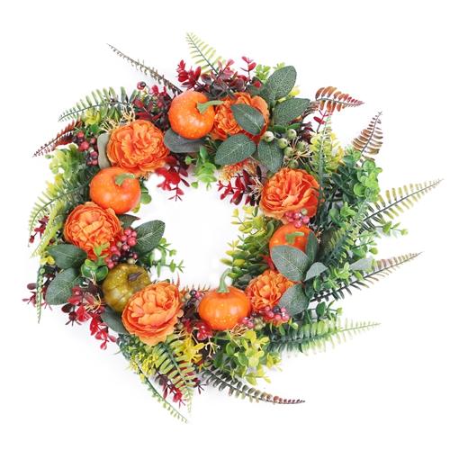 17.71IN Autumn Wreath with Pumpkin Mixed Leaves Berries Flowers Fall Decoration for Indoor Outdoor Window Wall Front Door in Halloween Thanks Giving D image