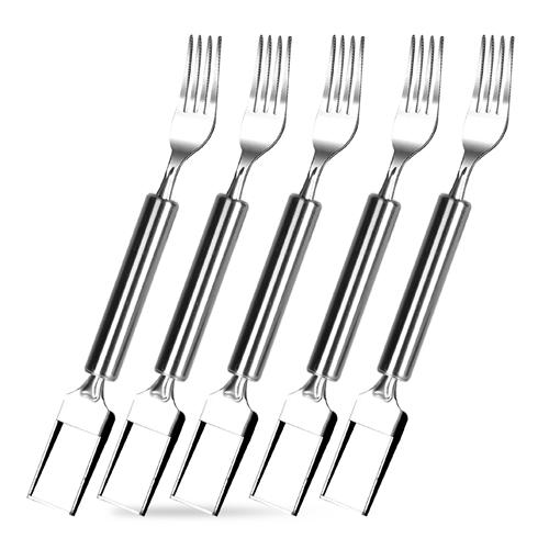 5Pcs 2 in 1 Watermelon Cutter Slicer Fork Stainless Steel Dual Head Watermelon Fruit Cutting Fork Knife For Summer Family Gathering Friend Party Campi image