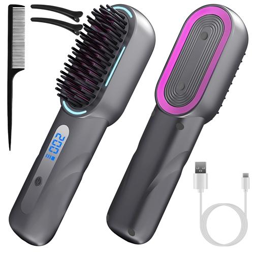 Cordless Hair Straightener Brush Rechargeable Mini Styling Comb with 4 Heating Levels Blue Light Sterilization Single press Stray Hair Removal 20Mins image