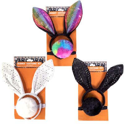 Bunny Costume Kit 2pc Ears Headband & Tail 3ast White/blk/rainbow Hlwn Tcd image