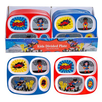 Dinnerware Kids Melamine 4-section Plate Superhero 2ast/48pc Pdq 9.5 X 8.5in image