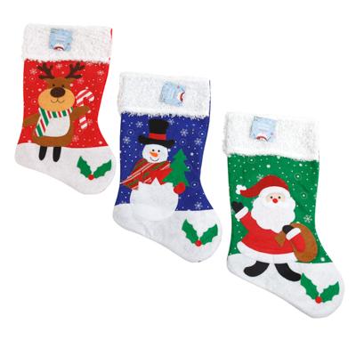 Stocking Christmas 3ast Embroidered 18in W/curly Plush Cuff Santa/reindeer/snowman Jhook/ht image