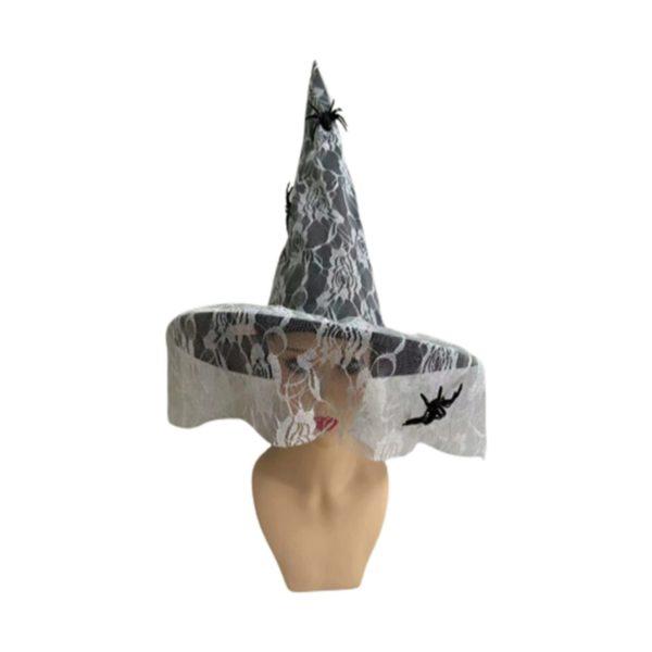 White Elegant Floral Lace Veil With Spiders Witch Hat image