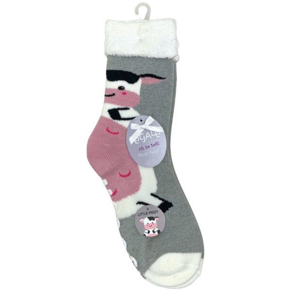 Legale 1 Pair Plush Socks Duo Layer Cow Design W/ Grip Grey One Size image