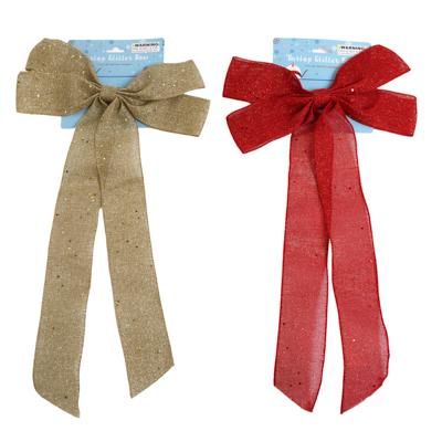 Bow Christmas Gold Or Red Jumbo 11 X 22in L Glittered Burlap Look Xmas Tcd image