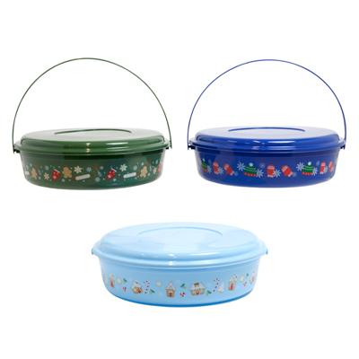 Cookie Container Plastic Round W/lid & Handle 3ast Christmas Prints 12.91 X 12.28 X 3.7in Upc Label
