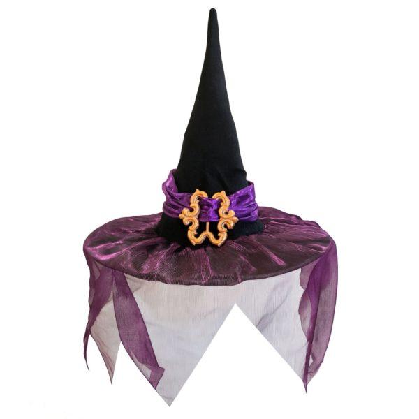 Black Witch Hat With Purple Strap Buckle And Shimmer Veil image