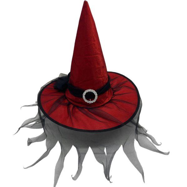 Red Satin Witch Hat With Black Veil and Plastic Diamond Buckle image