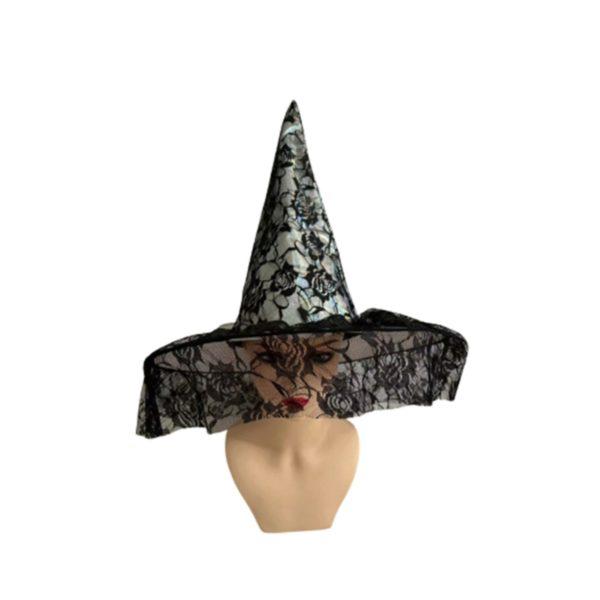 Holographic Witch Hat With Black Floral Lace, Veil, And Rose image