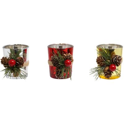 Votive Candle Holder Cracklew/pinecones/berry/greens 3ast Red/silver/gold Upc Label image