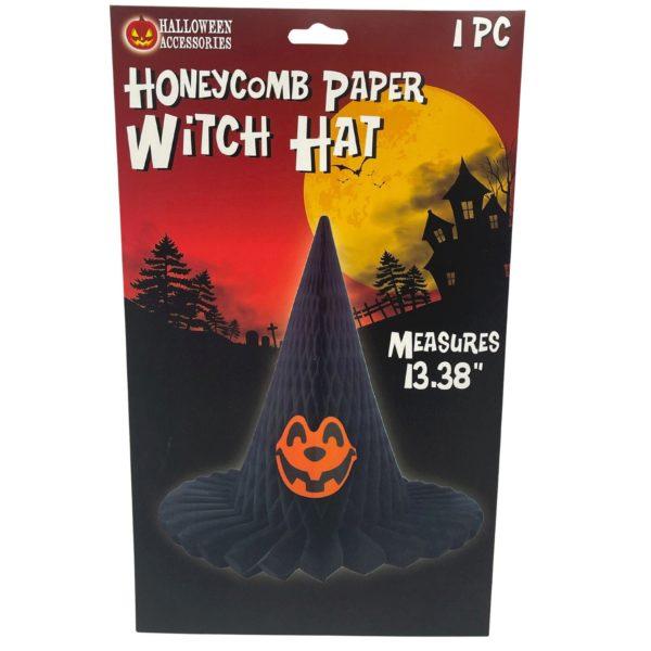 Black Halloween Witch Hat Honeycomb Paper Hanging Decoration With Pumpkin Design image