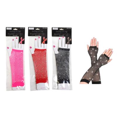 Costume Fishnet Fingerless Gloves W/rhinestone Accents 17.75in L/red/pink/black image