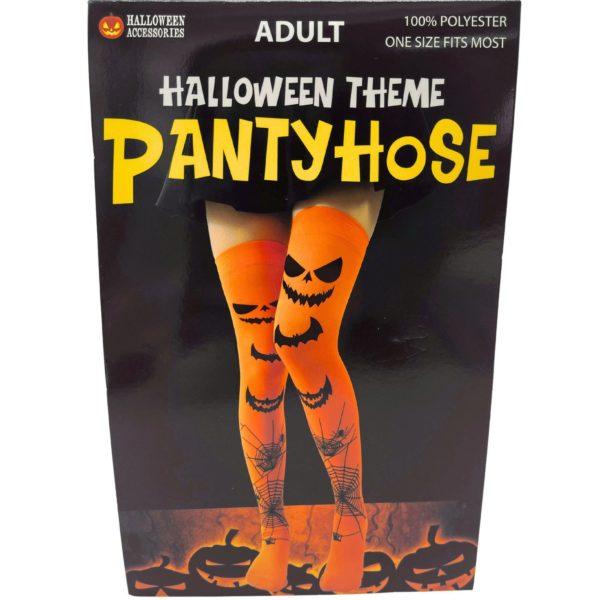 Orange Halloween Thigh High Socks With Jack O' Lantern, Bats Cobwebs And Spiders Print Design image