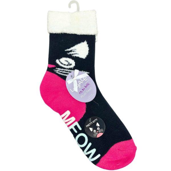 Legale 1 Pair Plush Socks Duo Layer Kitty Design W/ Grip Black One Size image