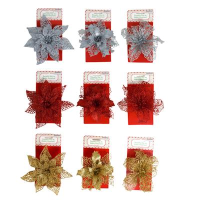 Ornament Glitter Poinsettia Plastic 7in W/ Clip 3 Asst Red/ Gold/ Silv Xm Tcd image